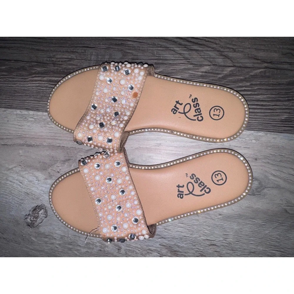 Art Class Girls Embellished Slide Sandals Faux Pearl Rhinestone Tan Size 13